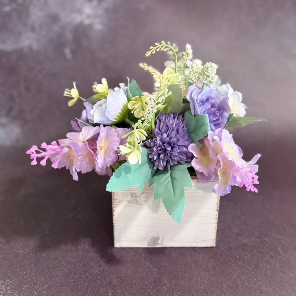 Faux Floral Arrangement in Rustic Wooden Box – Home or Office Decor